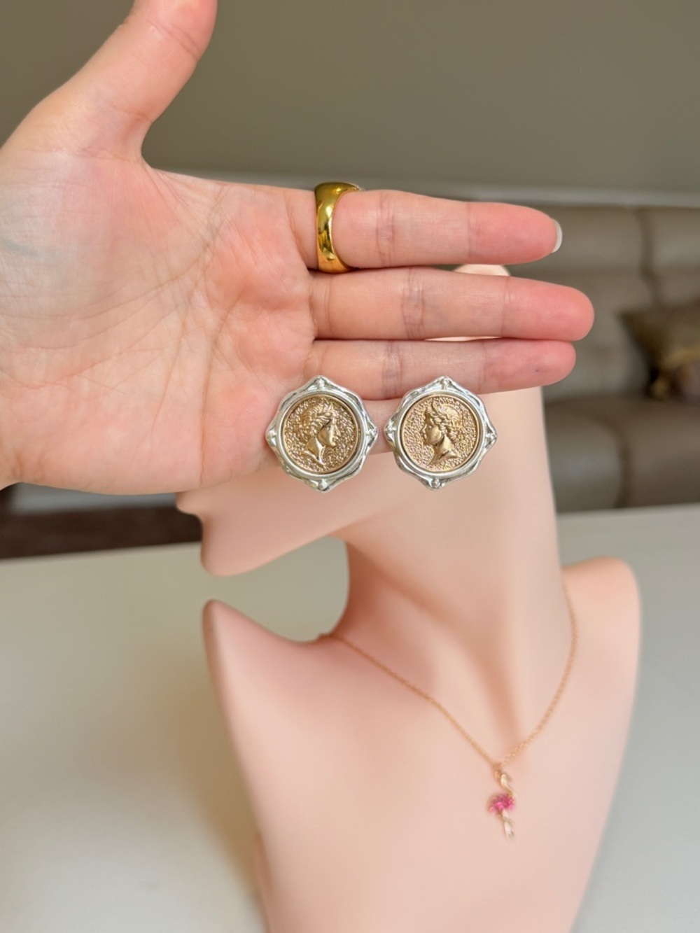Gold and Silver Coin Medallion Earrings - Picture 9 of 10